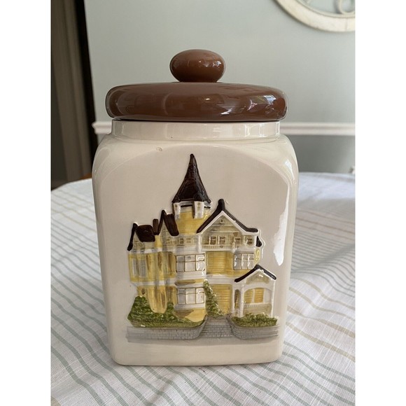 Vintage Otagiri Yellow Victorian Cookie Canister Jar Handcrafted in Japan - Picture 1 of 10